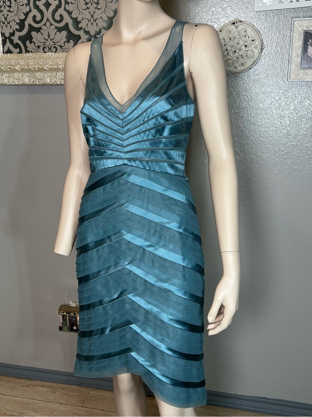 Chetta B Teal V-Neck Layered Satin Ribbon Dress